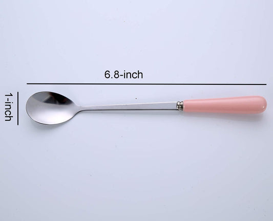 3PCS Mixing Spoons for Coffee, Dessert, Ice Cream, Milkshake, Stainless Steel Iced Teaspoon with Ceramic Handle Tablespoons Espresso Cocktail Stirring Spoons, 6.8-Inch (Pink)