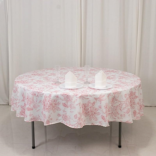 Balsa Circle 90" White and Pink French Toile Polyester Round Vintage Pastoral Floral Rustic Table Cloth Washable Table Cover for Indoor&Outdoor, Farmhouse Decor, Picnic, Tabletop Decoration