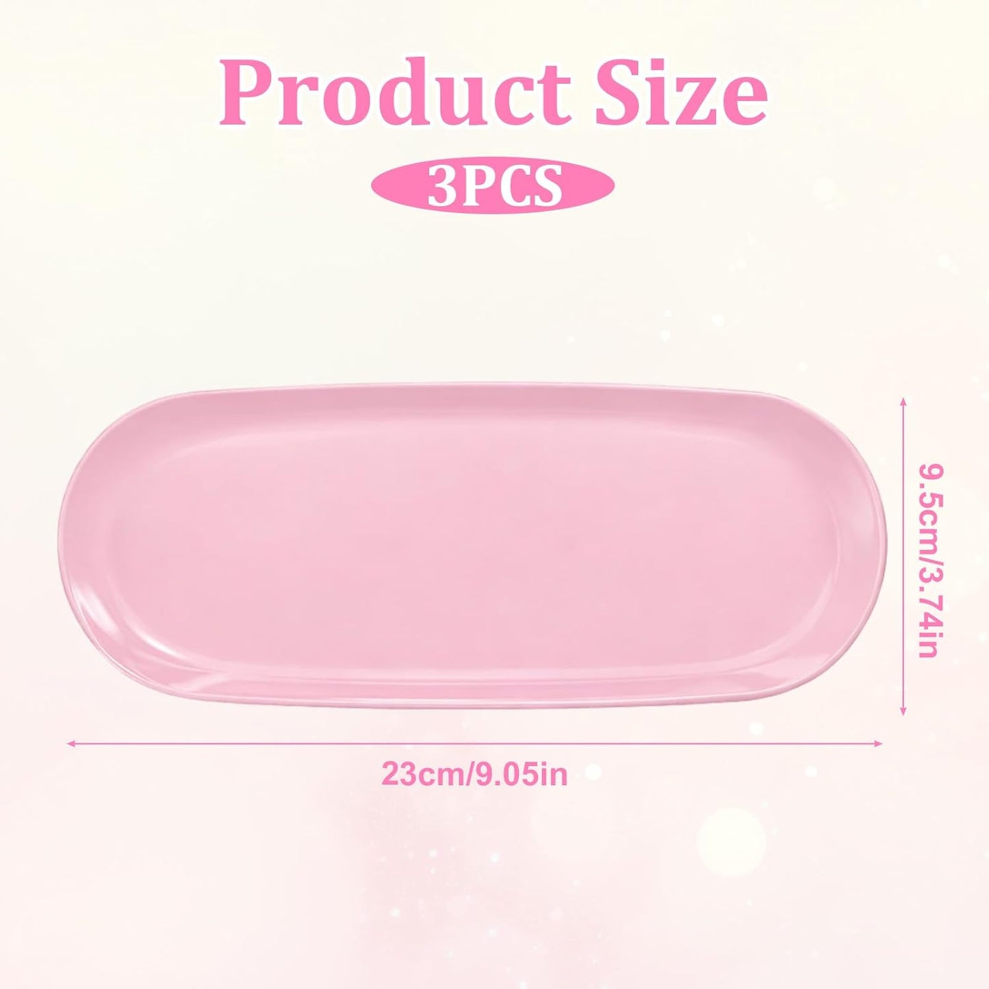 3 Pcs Small Plastic Pink Decorative Tray, 9 inch Manicure Tools Storage Tray, Jewelry Dish Cosmetics Organizer, Bathroom Clutter Serving Platter Small Storage Tray