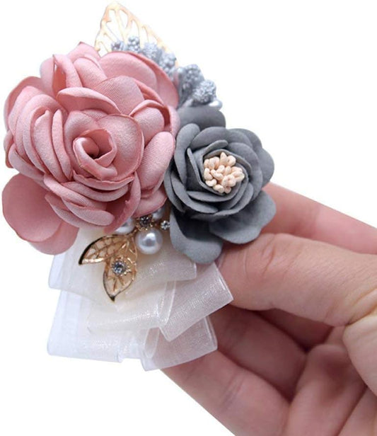 Rose Wedding Wrist Corsage and Boutonniere Set Party Prom Hand Ribbon Flower Suit Decor (Champagne Pink)