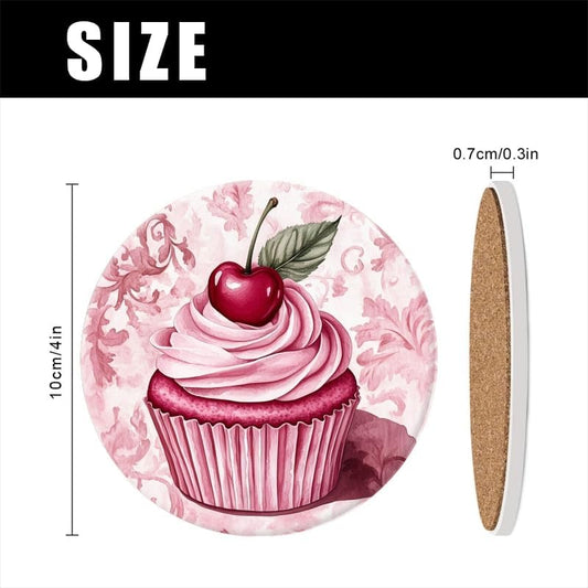 Drinking Coasters Set of 4,Pink Cupcake with Pink Cream Round Water Absorbent Ceramic Coaster with Holder,Cork Base Non-Slip,Décor for Various Cups Coffee Cup Beverage,4 inch