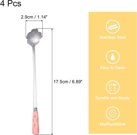 uxcell 4Pcs Stainless Steel Flower Spoons 7 Inch Cherry Blossom Shape Coffee Spoon Small Teaspoon Dessert Spoon for Espresso Sugar Cake, Pink Silver