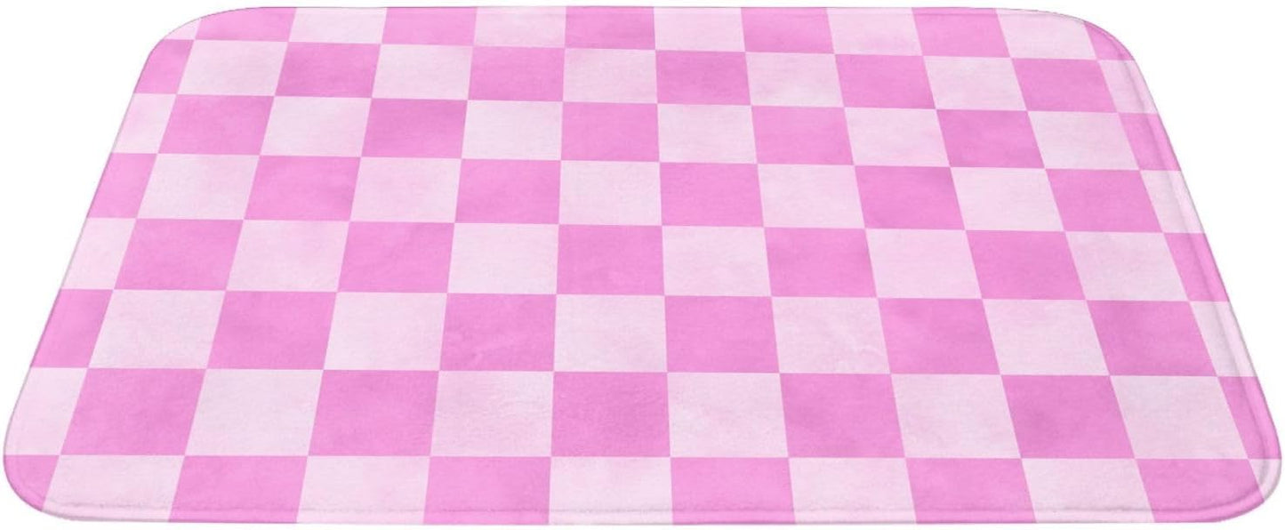 Pink Checker Print Bathroom Rugs, Machine Washable Bath Mats Shower Rug for Bathroom, Non Slip Absorbent Bath Mat Rugs 16x24 Inches