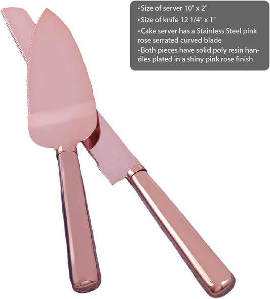 Fashion Craft PINK gold stainless steel cake knife set, cake server, wedding bridal -shower or baby-shower favor