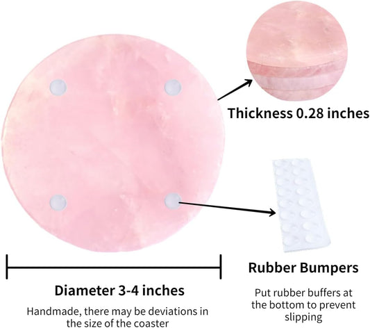 Pink Crystal Coaster Round 3-4" Set of 4 Rose Quartz Slices Cup Mat with Rubber Bumper for Drinks Coffee Wine Home Decoration Gift Card