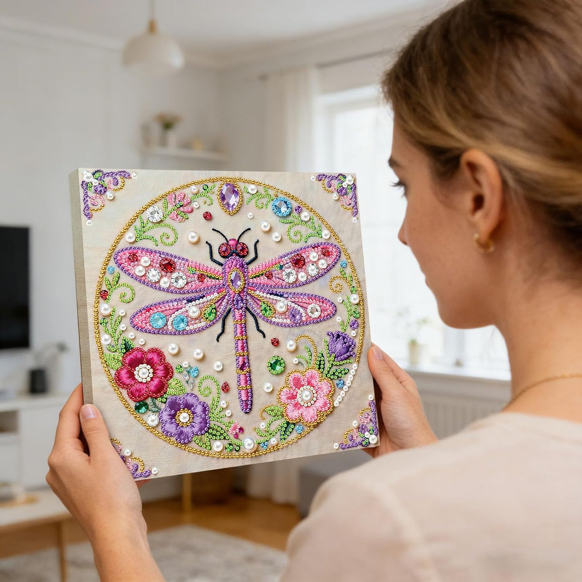 DIY Pearl Painting Kit with Frame Gemstone Pearl Diamond Dots Beads Canvas Art Craft for Adult Beginners Display Perfect All Season Holiday Mother‘s Day Birthday Creative Gift for Her (Pink)