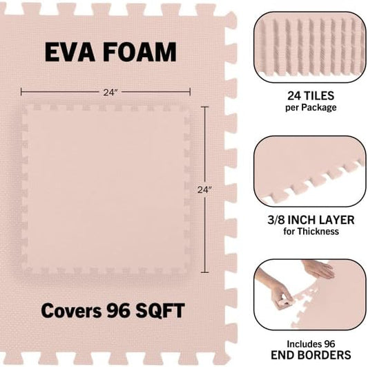 Foam Floor Tiles - 96sqft Soft Nontoxic Baby Play Mat - Interlocking Puzzle Mat for Baby, Kids Playroom, or Home Gym Flooring by Stalwart (Light Pink)