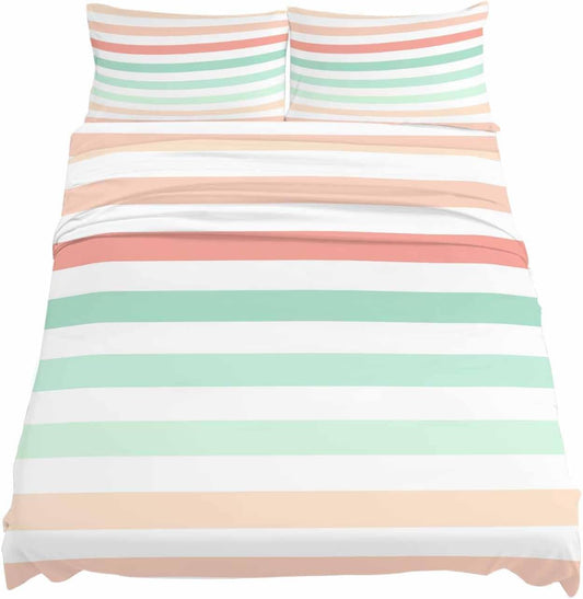 Peach Pink Green Ombre King Size Bed Sheets, Breathable Cooling Sheets with Deep Pocket, Farmhouse Stripe Modern Soft Flat Sheet, Fitted Sheet & Pillowcases, 4 Piece Wrinkleproof Bedding+Sheets