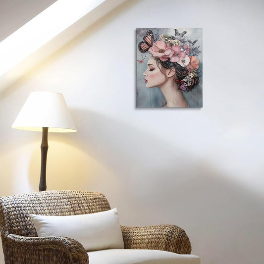 Woman with Flower Crown and Butterflies Canvas Wall Art Framed Print Painting Feminine Floral Portrait Pastel Pink Wall Decor Artwork for Bedroom Nursery Office Dreamy Ethereal Aesthetic 12x16 Inches