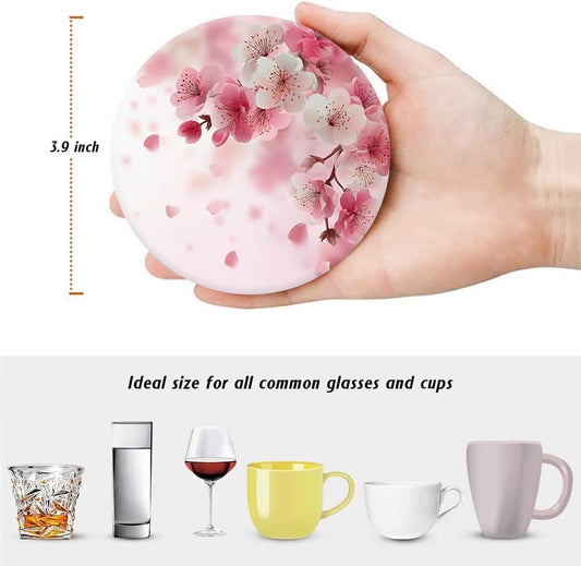 Drink Absorbent Coasters with Holder Set of 6, Ceramic Stone with Cork Base, Watercolor Pink Cherry Blossoms Coaster for Drinks, Gift for Housewarming Room Bar Home Decor Kitchen