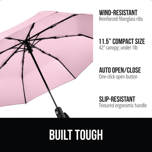 GORILLA GRIP Compact Travel Size Umbrella for Rain, Sleek Design Fits Backpack, Purse and Carry On, Lightweight Under 1lb, One Click Open and Close, Wind Resistant, Durable Waterproof Quick Dry, Pink