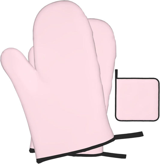 3 Pieces Oven Mitt and Pot Holder Sets, Light Pink Solid Color Oven Mitts Set Heat Resistant Baking Gloves Kitchen Microwave for Cooking, BBQ
