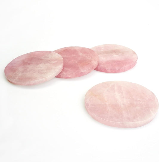 Rose Quartz Coasters Round Set of 4 - Natural Pink Crystal Stone Drink Coasters 4" with Rubber Bumpers for Home Decor, Wedding Gift, Vanity Tray