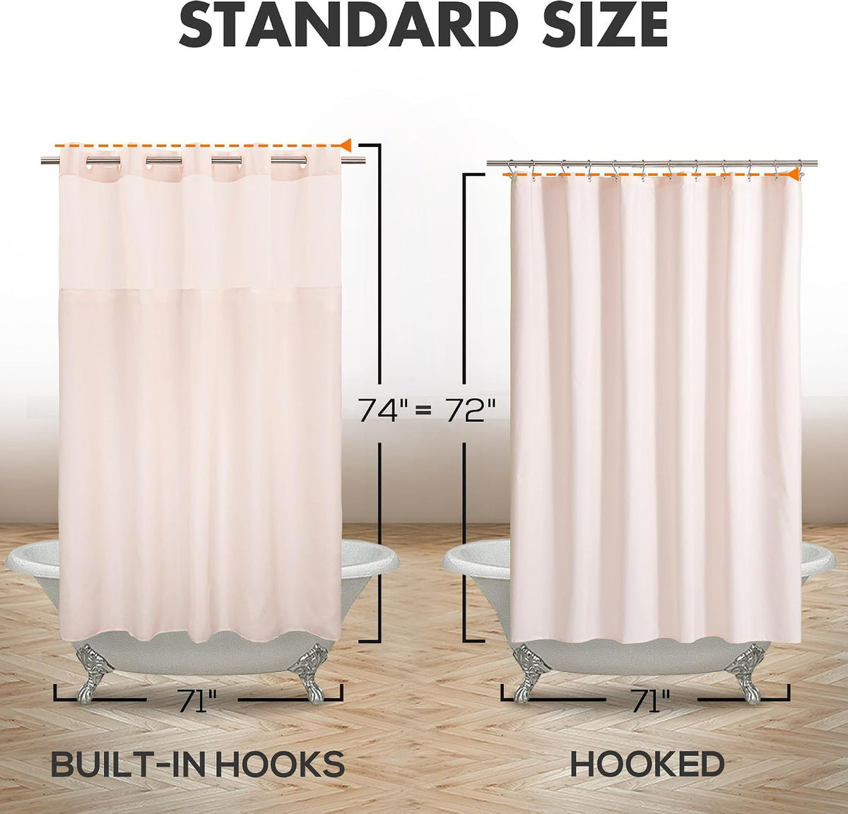 No Hook Shower Curtain with Snap-in Liner Set, Pink, 71x74