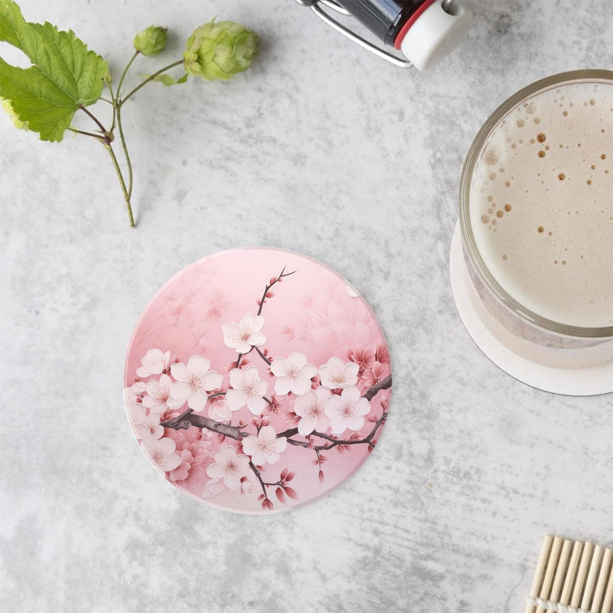 Drinking Coasters with Holder Round Water Absorbent Marble Ceramic Coasters Tabletop Protection(Cork Base),Blooming Pink Cherry Blossom Flowers,Suitable for Various Mugs,Home Decor,4 Inch