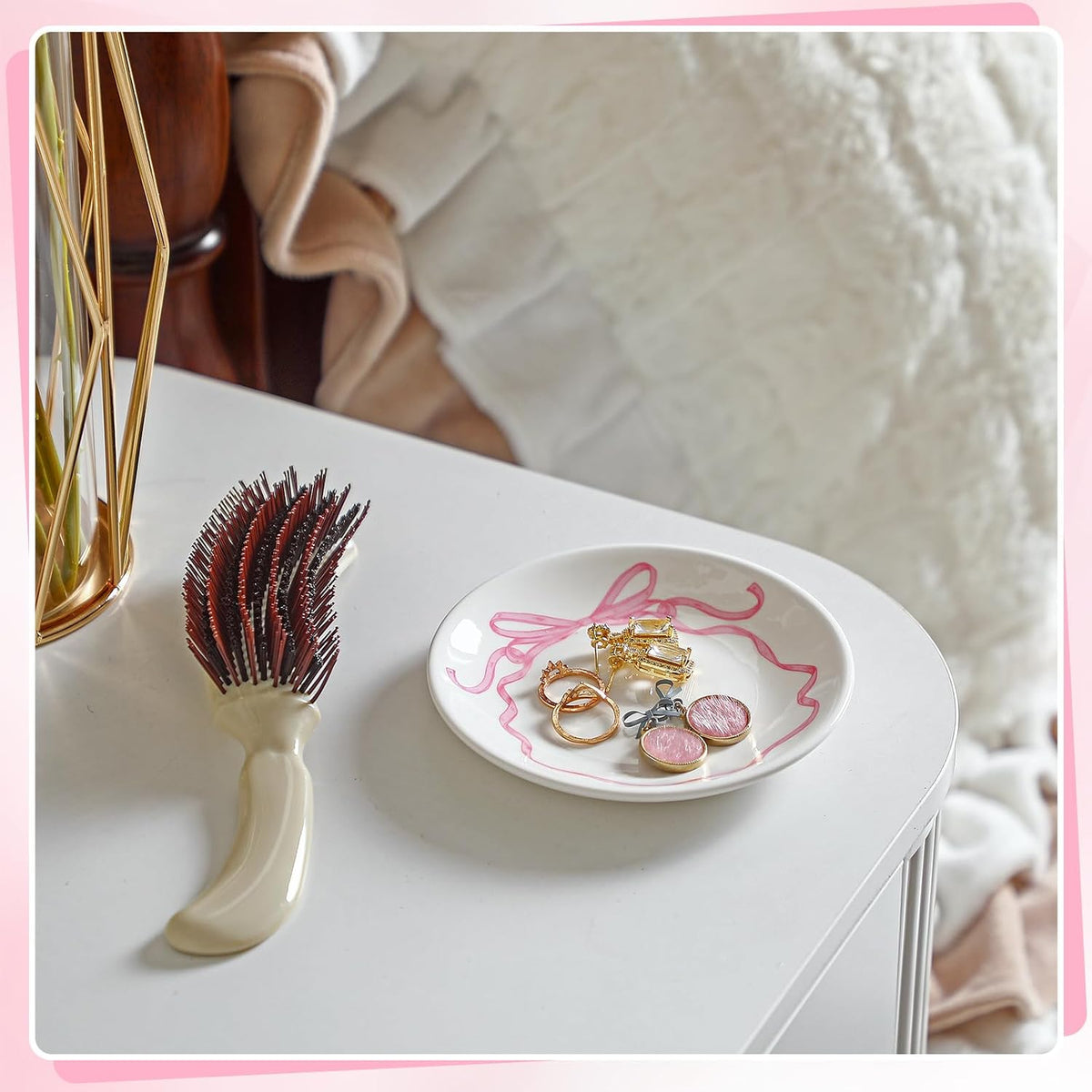Pink Bow Jewelry Dish Tray Decorative Ring Dish Trinket Tray Key Bowl for Wedding Bridesmaid Gifts, Engagement and Bridal Shower Favors