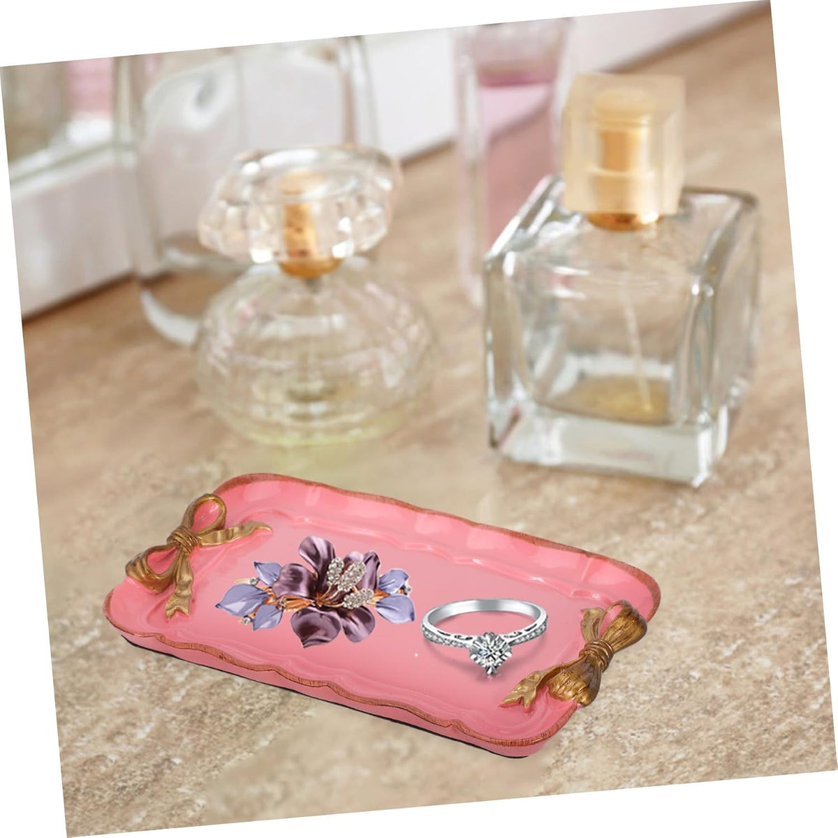 Retro Bowknot Jewelry Tray for Dessert and Perfume Pink Resin