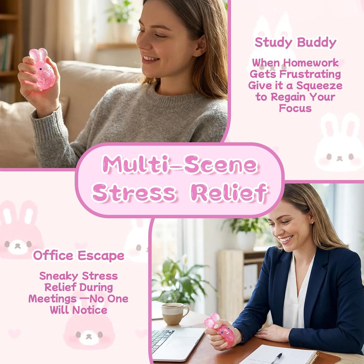 Stress Relief Pink Glitter Bunny Squishy Toy - Squish Sensory Fidget Toy, Anxiety Calming Squeeze Ball for Kids Adults ADHD Autism