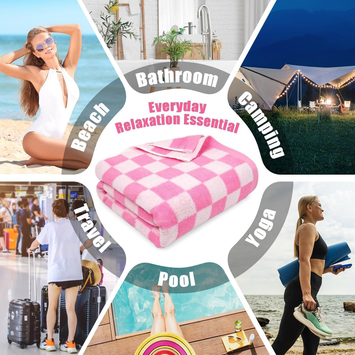 Pink Checkered Beach Towels Oversized 35" x 70" - Extra Large