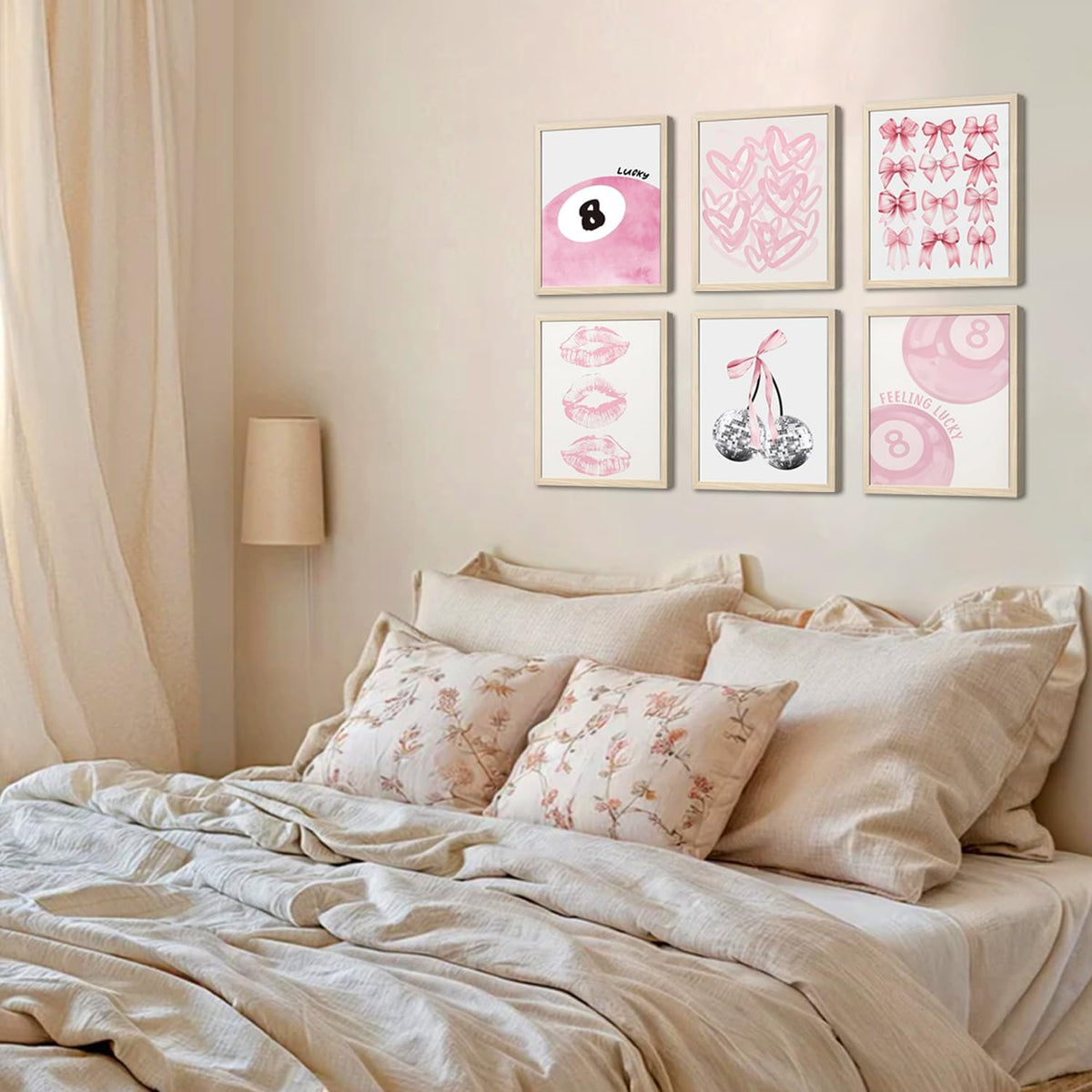 Cute Pink Girl Poster Set of 6, Light Pink Coquette Wall Art Trendy Lucky 8 Ball Wall Decor Paintings Pastel College Apartment Bedroom Living Room Dorm 8x10 inch Unframed