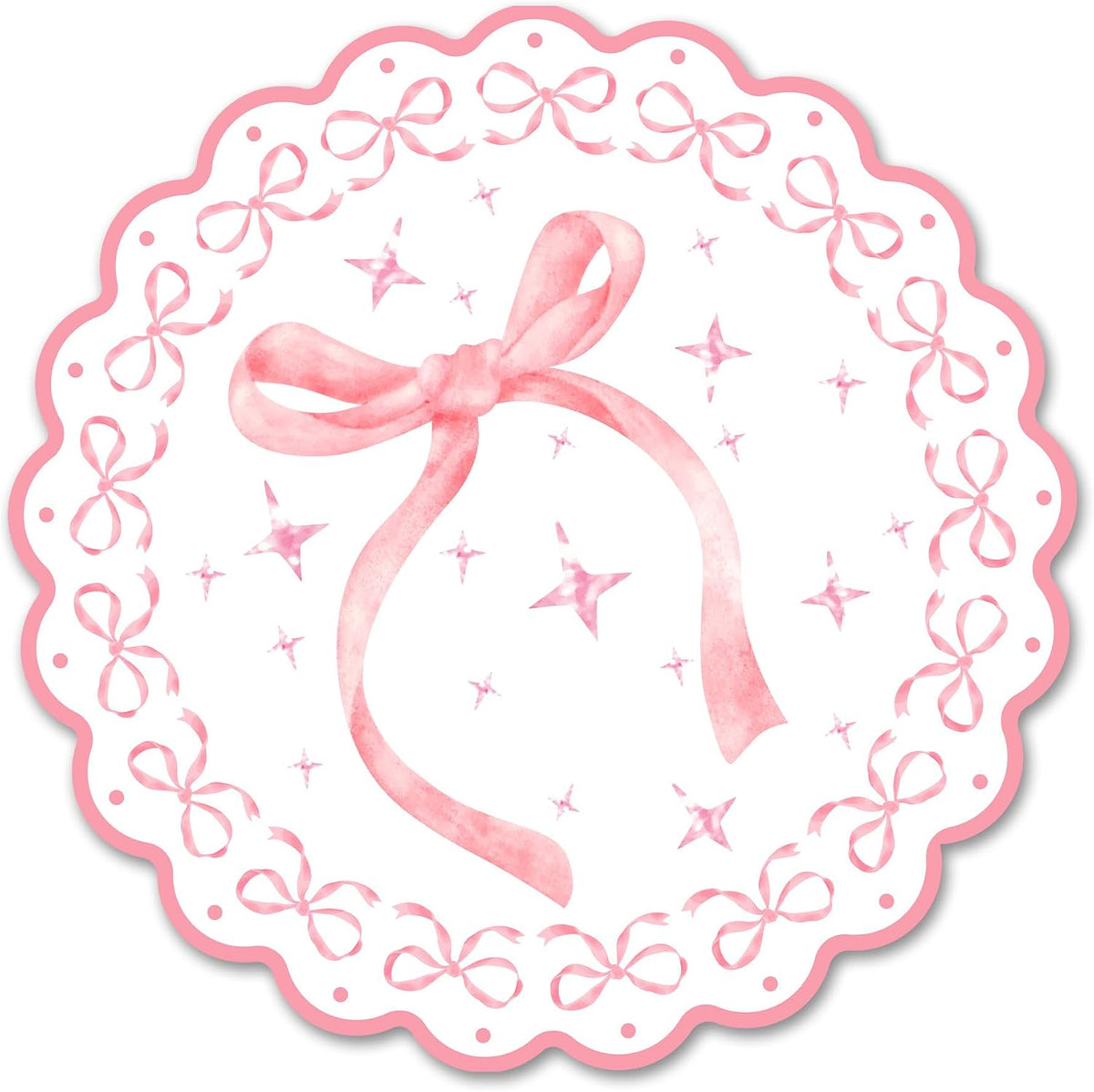 24 PCS 11.8 Inch Round Pink Bow Disposable Paper Placemats, Decorative Scalloped Edge Table Mats, Pink Bow Themed Place Mats for Bachelorette, Bridal Shower, Wedding, Birthday Party Table Setting