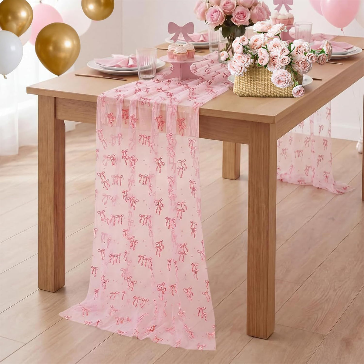 5 Pcs Bow Lace Table Runners 29 x 70 Inch Pink Tulle Glitter Table Runner Cute Bow Tablecloth for Birthday Baby Shower Wedding Home Table Decor