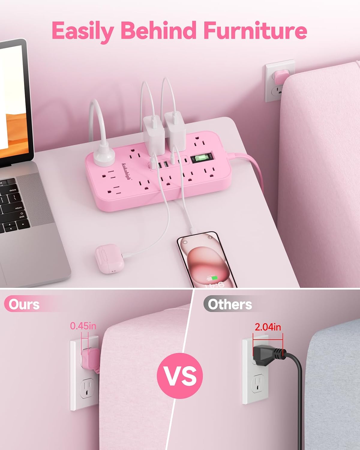 Pink Extension Cord with Multiple Outlets- 5 FT