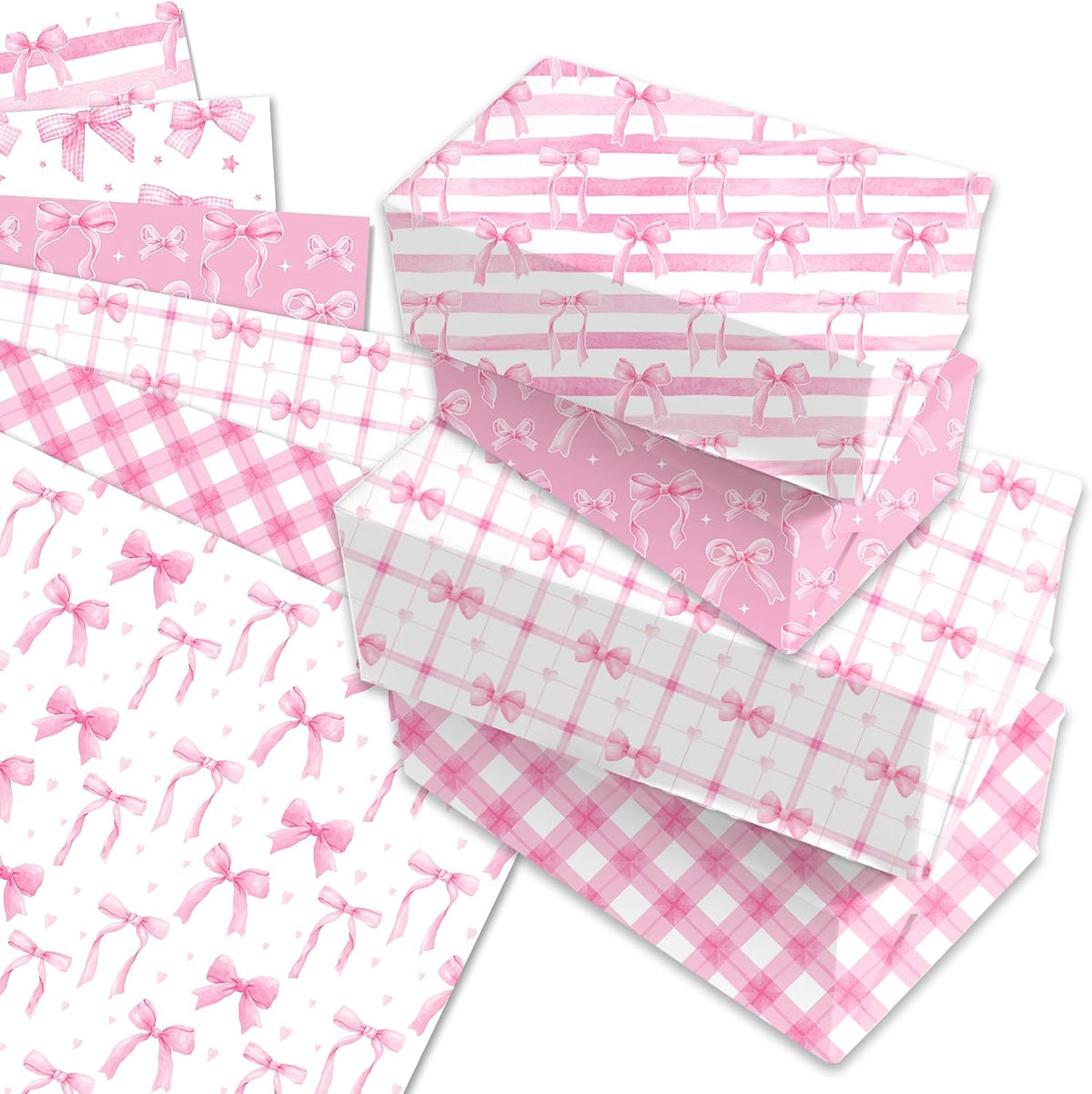 Pink Bow Wrapping Paper 12 Sheets 20'' x 27'' Folded Flat Gift Wrap with Cute Bow, Pink Plaid, Stripes and Polka Dot Gift Wrap Paper for Girls Women Birthday Gift Packing Supplies