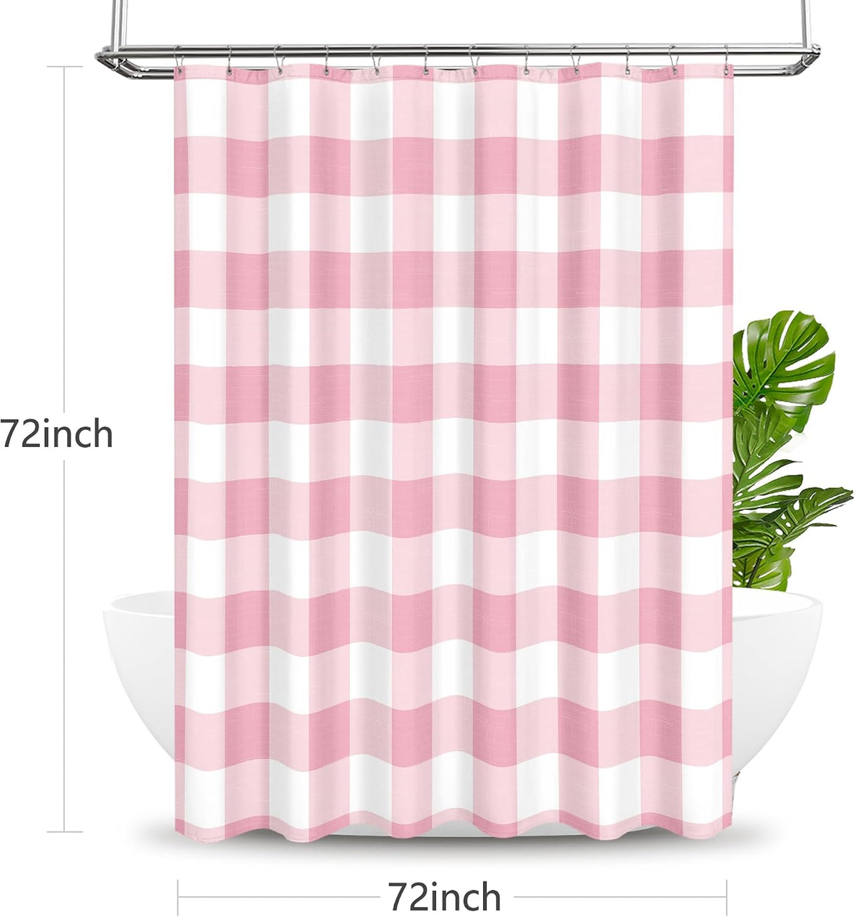 Classic Gingham Plaid 140gsm Faux Linen Fabric Shower Curtain, Pink Buffalo Grid Shower Curtain Sets Decoration 72x72 Inch with Hooks