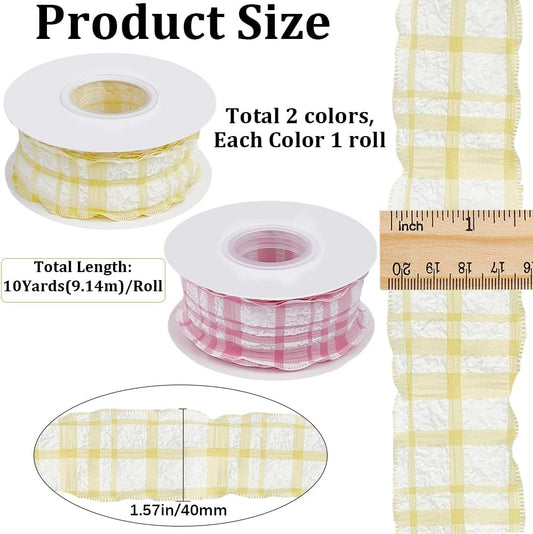 2 Rolls 20 Yards 1.5 Inch Pink Yellow Plaid Ribbon Double Ruffle Edge Pleated Pastel Chiffon Buffalo Checkered Gingham Fabric Ribbons Bulk for Sewing Making Gift Wrapping Crafts Christmas