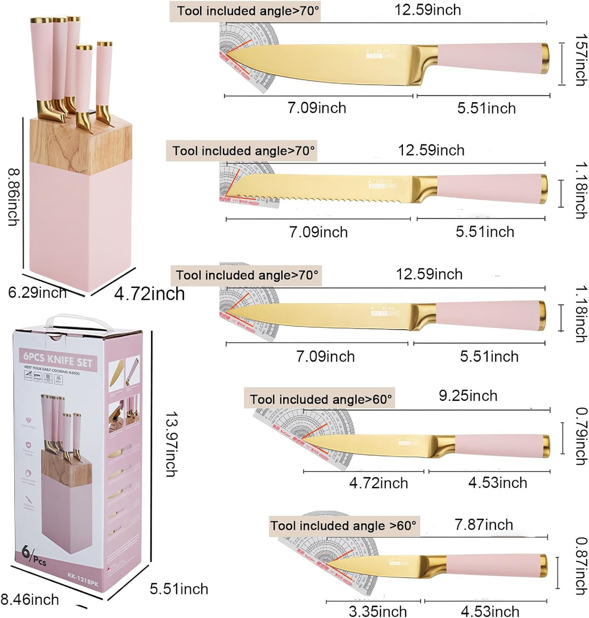 Kitchen Knife Set with Block and Sharpener, 7-Piece Knife Set for Chef, Pink Knife Holder Set, Gold-Plated Stainless Steel Kitchen Knife, Ergonomically Designed (Pink)