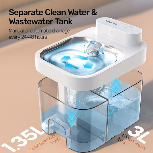 2026 Latest Cat Water Fountain, No Filter Cotton, App Monitoring Wastewater Separation Wireless Pet Fountain, 5000mAh Battery & Plug-in, 3L/101oz Water Dispenser for Cats Indoor, 2.4G Wi-Fi