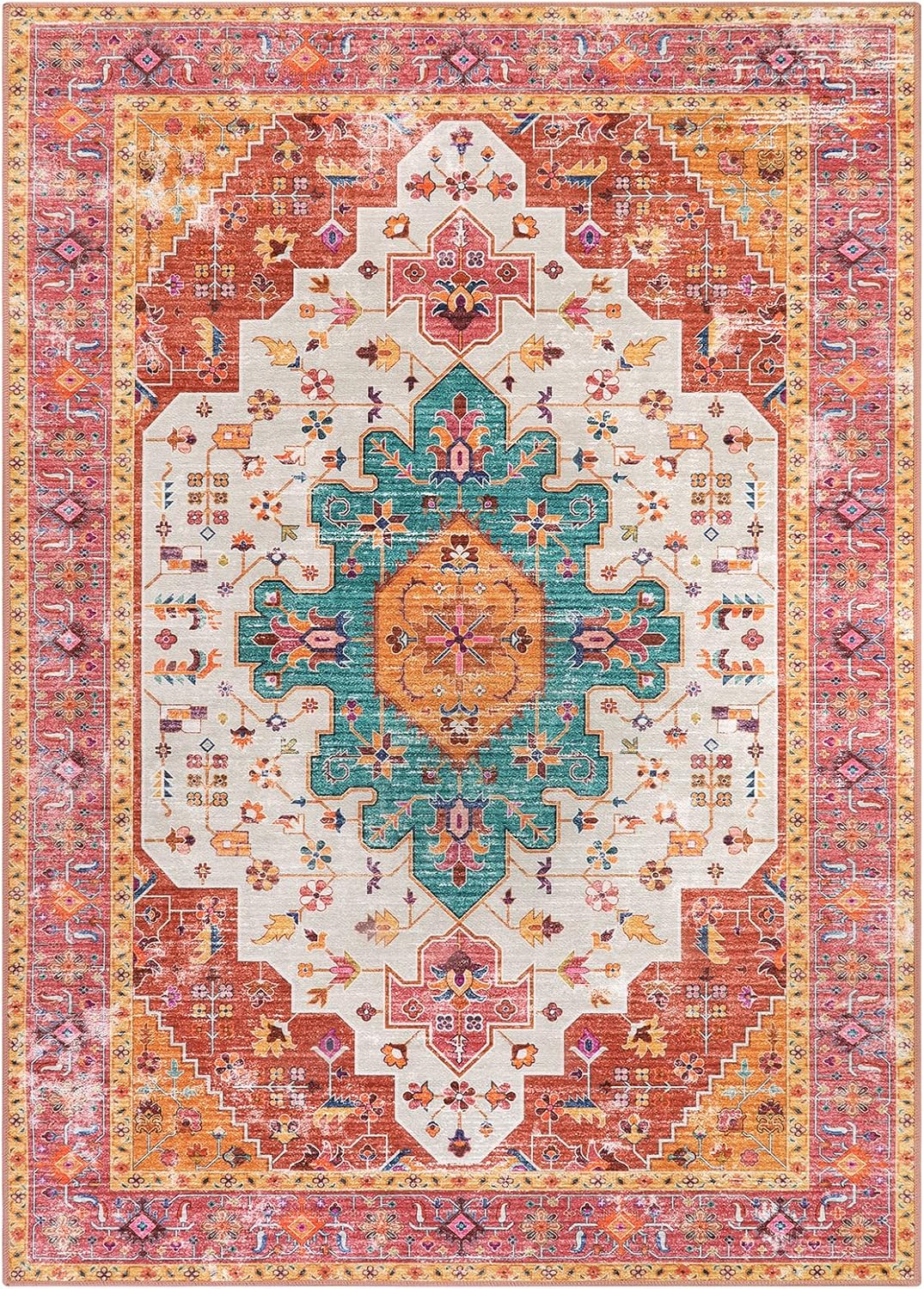 Ultra-Thin Pink Area Rug - 8x10 Bedroom Living Room Rug Non-Slip Non-Shedding Nursery Mat, Indoor Oriental Medallion Floor Carpet for Dining Room Entryway Playroom