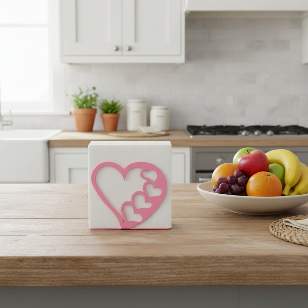 Valentines Heart Napkin Holder for Table, Freestanding Pink Metal Napkin Dispenser Romantic Tabletop Paper Holder for Kitchen Counter, Dining Table, Farmhouse & Café Decor