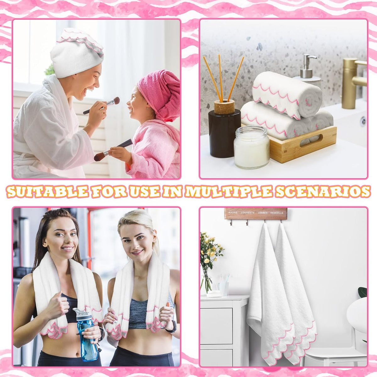 2 Scalloped Hand Towels Fingertip Towels for Bathroom,Pink