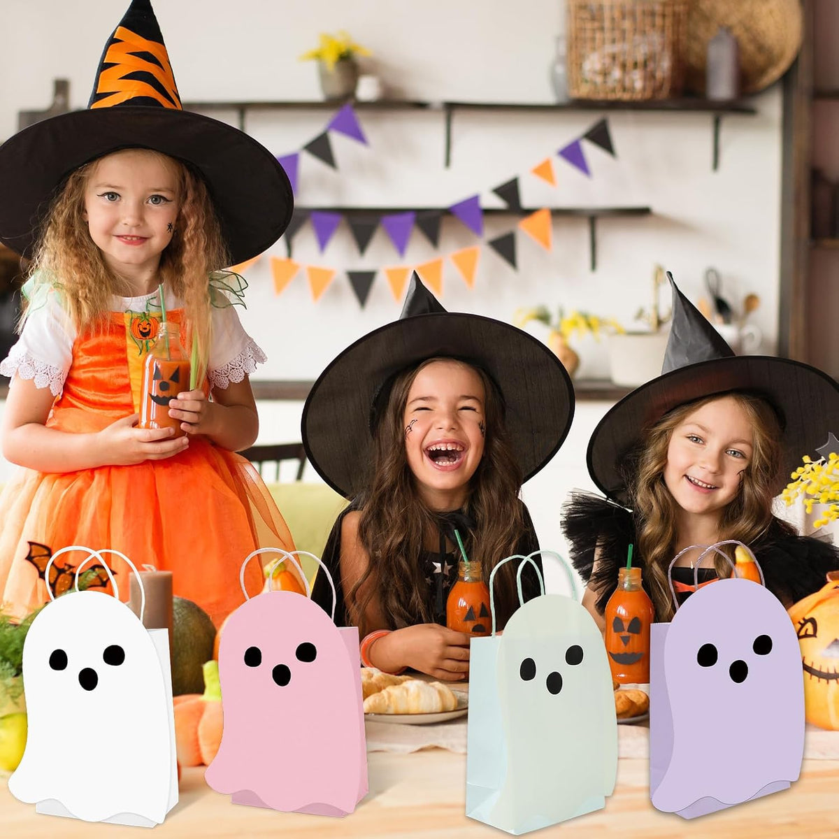24Pcs Halloween Ghost Paper Gift Bag Little Boo Treat Bags White Pink Candy Goodie Bags for Baby Shower Birthday Trick or Treat Party Favors Supplies