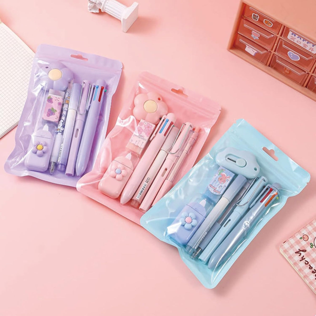 7 Pcs Cute Pink Stationery Set Kawaii School Supplies Office Supplies Including Ballpoint Pens Pencil Sharpener Highlighter Correction Tape Ruler Utility Knife (Pink)