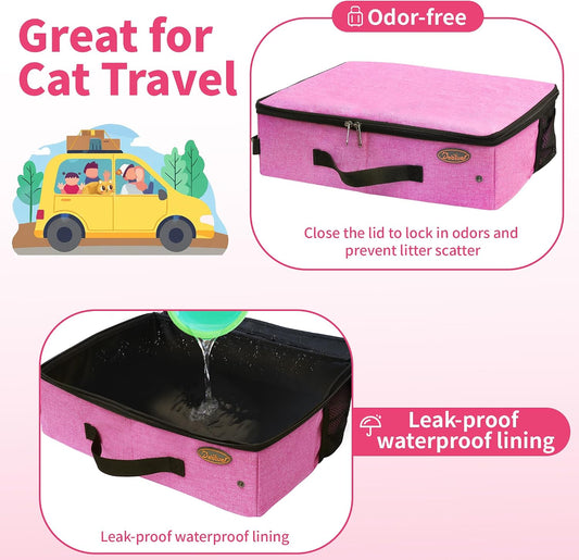 Deblue Portable Cat Travel Litter Box in Car, Collapsible Cat Litter Carrier with Lid, Waterproof Foldable Litter Box for Outdoor Fit for Large Cats, Leak-Proof, Sturdy, Lightweight-Pink