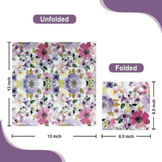Ottin Watercolor Pink & Purple Flower Paper Napkins 50 pcs, 3-Ply, 6.5'' Disposable Floral Luncheon Napkins for Spring Party, Bridal Shower, Wedding, Engagement, Birthday, Tea Party