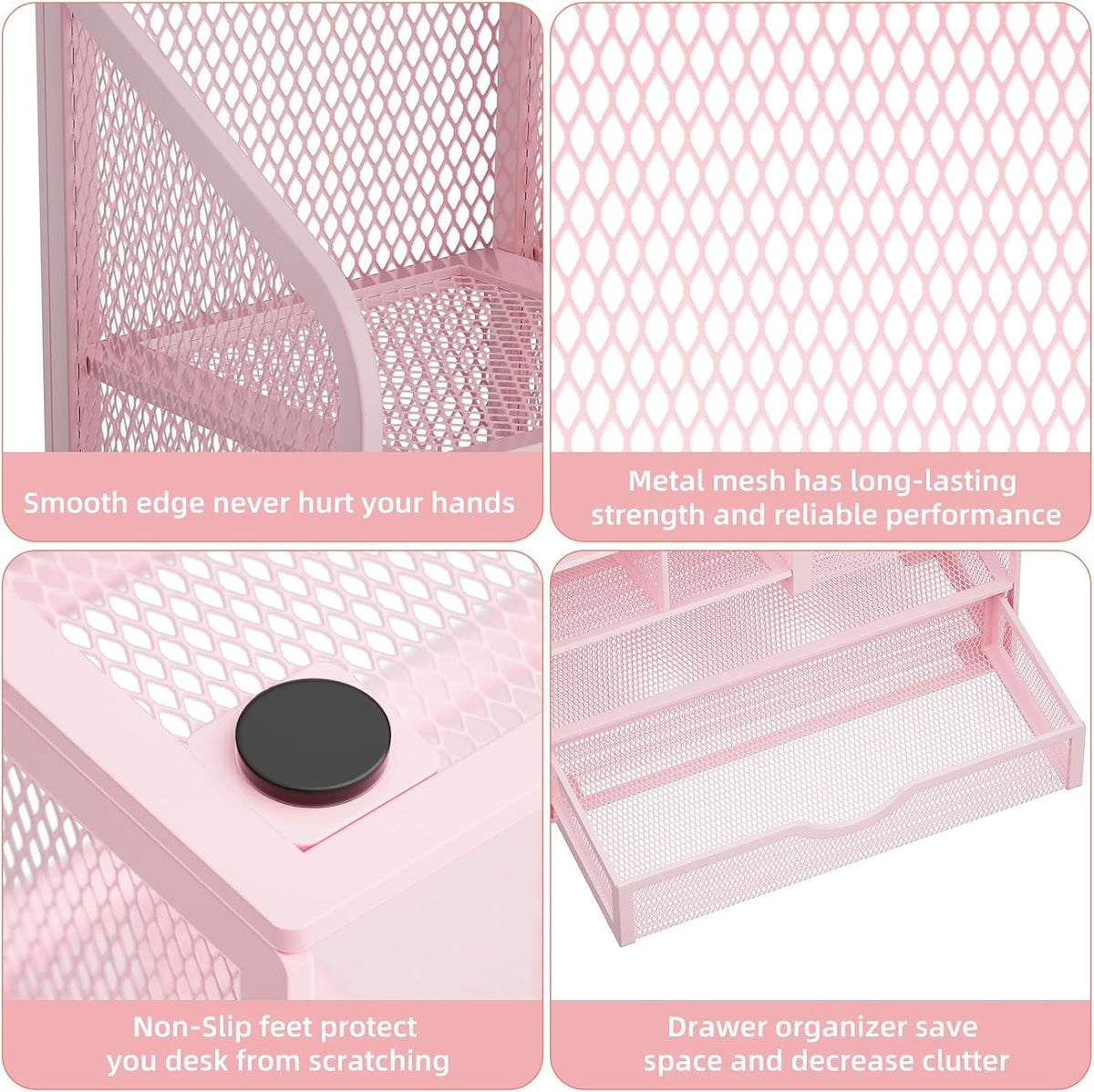 Mesh Desk Organizer with Drawer, Multi-Functional Pencil Organizer, 12 Compartments, Pink, Modern, Minimalist