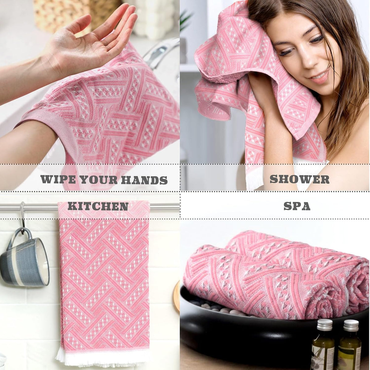 4 Pack Boho Hand Towel for Kitchen, Pink,White