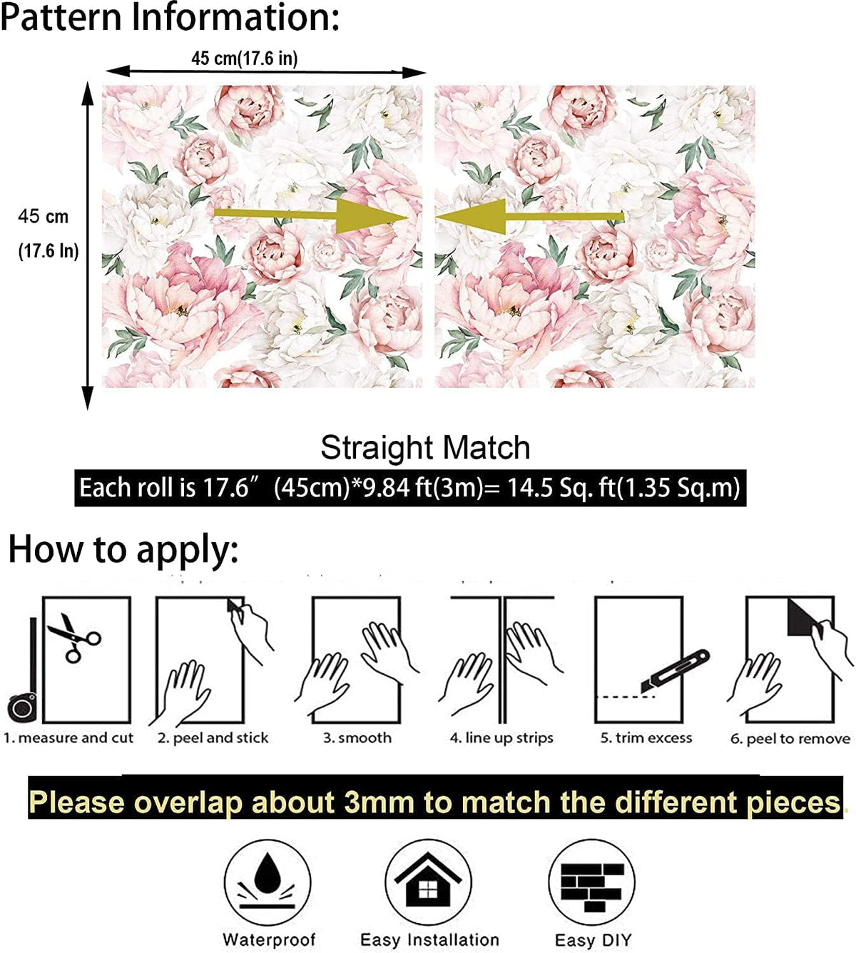White Pink Peel and Stick Wallpaper Removable Peony Wall Paper
