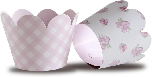 Pink Gingham and Pink Floral Cupcake Wrappers,Party Supplies,Baby Shower-36 Count