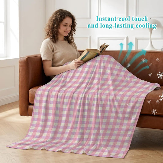 Cooling Blanket 50"x60", Pink Gingham on Linen Summer Cooling Blanket Breathable Lightweight Ice Blankets Modern Plaid Lattice Blankets for Night Sweats