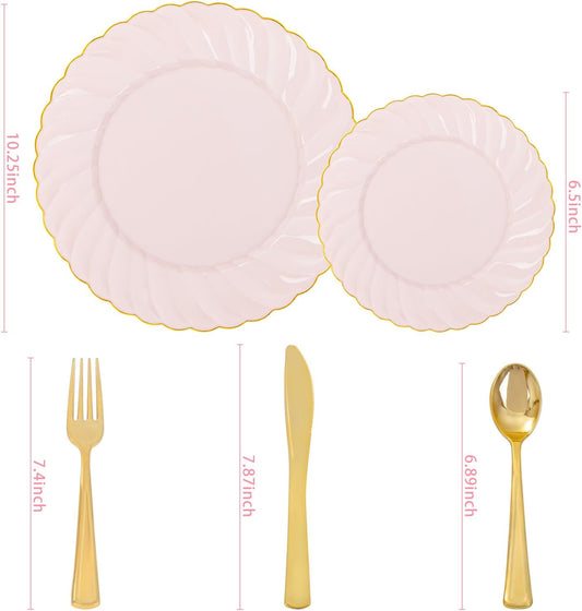125PCS Pink Plastic Plates with Gold Rim for Wedding Birthday Party
