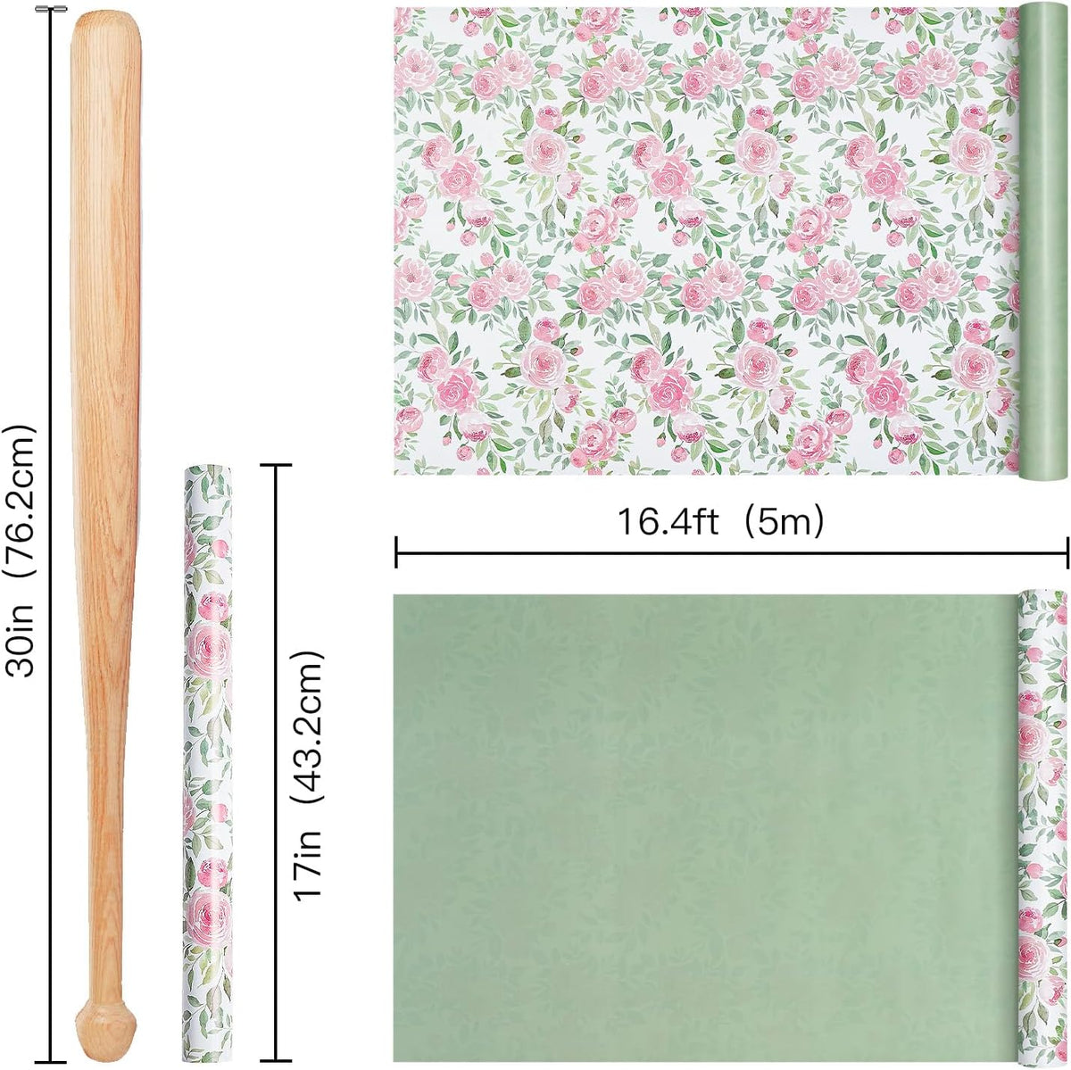 Reversible Floral Wrapping Paper Roll for Girls Women, Mini Roll, Pink Rose Design and Green Solid Color, Elegant Gift Wrap for Birthday, Mother’s Day, Bridal Shower, 17 Inches x 16.4 Feet