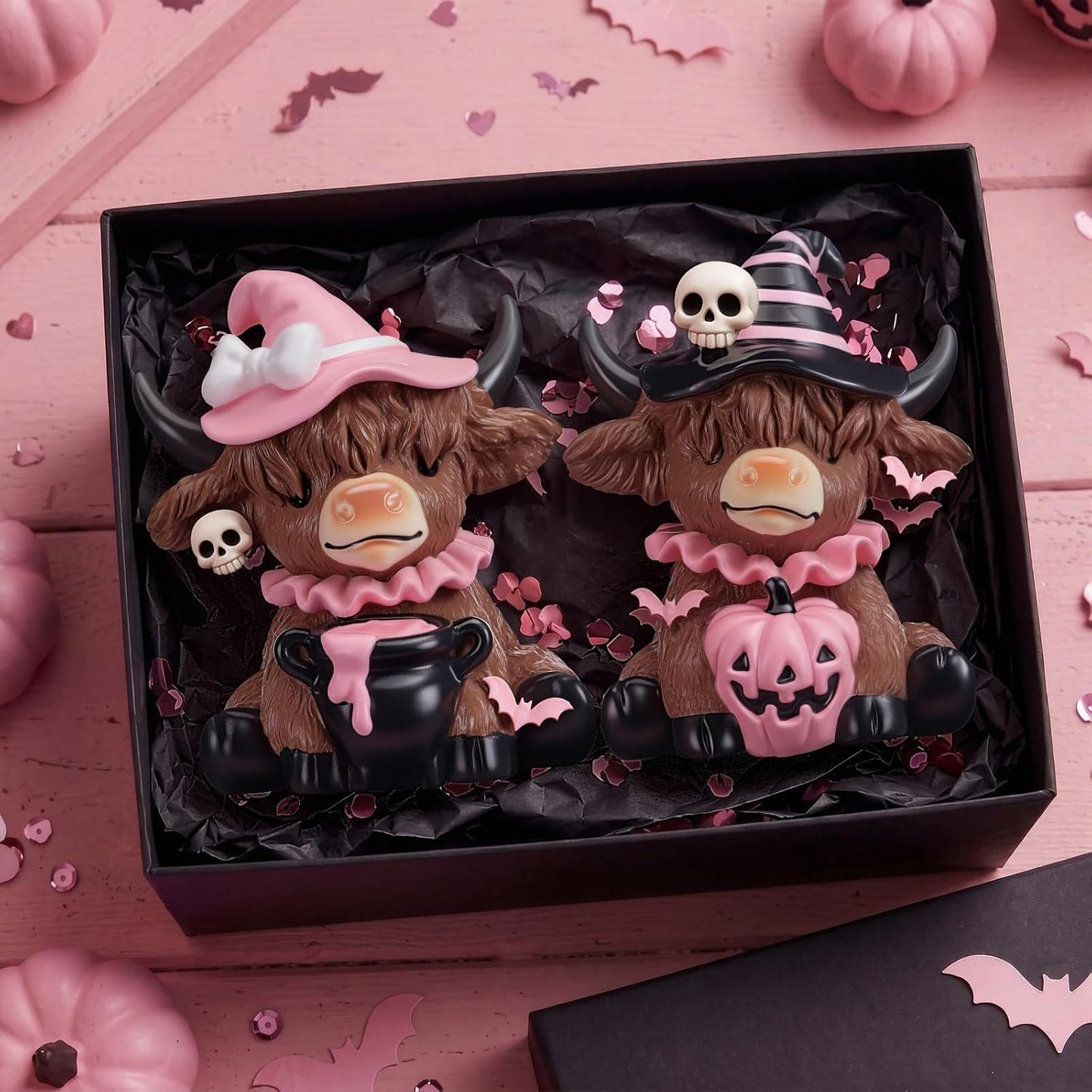 2 Pcs Pink Halloween Cow Figurines Resin Statues Tabletop Desk