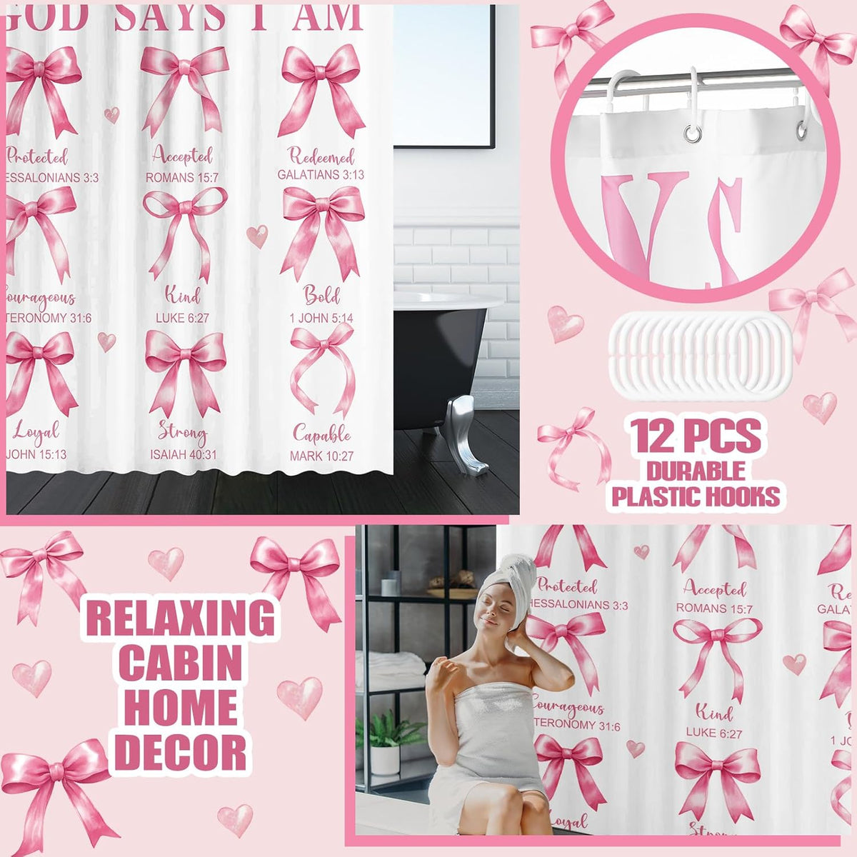 4 Pcs Pink Bow Shower Curtain Set Bible with Rugs, 12 Hooks