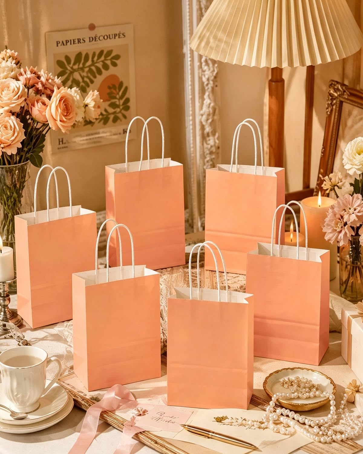 24Pcs Paper Gift Bag with Handles Bulk Peach Pink Paper Bags Multiple Uses (8.3"x6"x3.15", Small Size)