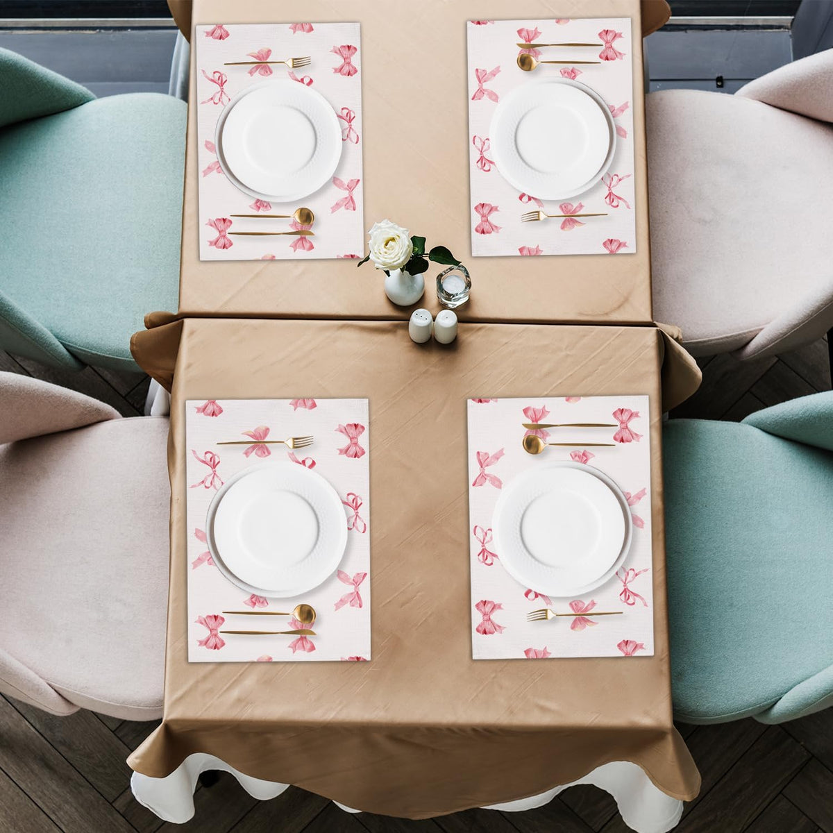 Pink Bow Placemats Set of 4, 12x18 Inch Waterproof Washable Heat Resistant Place Mats, Table Placemats for Dining Restaurant Farmhouse Decoration, Bridal Shower Wedding Party Table Decor -rc13